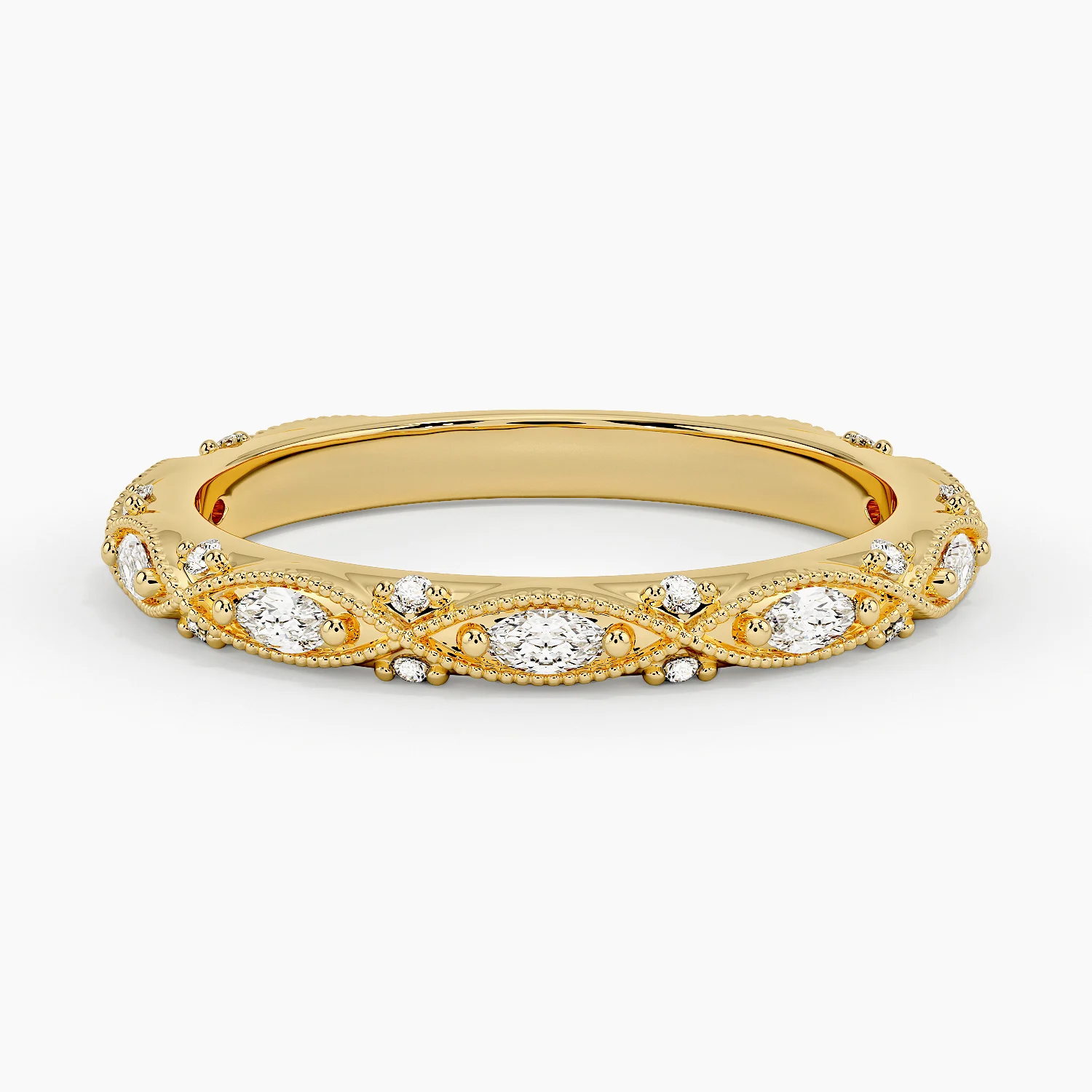 Marquise & Round Diamond Wedding Band, Vintage Milgrain Diamond Ring, Curved Stackable Anniversary Ring