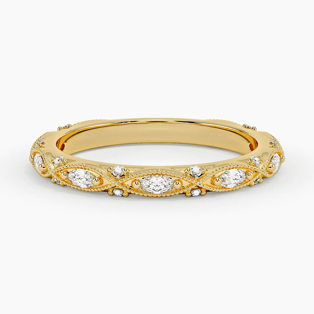Marquise & Round Diamond Wedding Band, Vintage Milgrain Diamond Ring, Curved Stackable Anniversary Ring