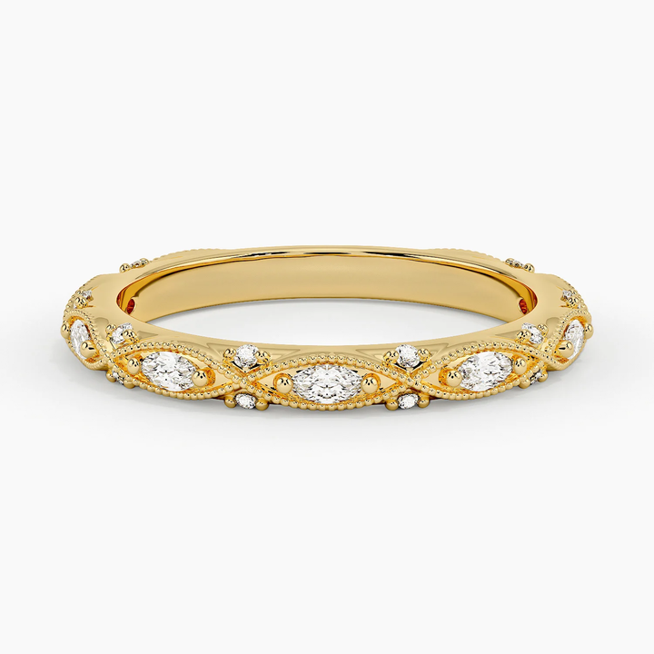 Marquise & Round Diamond Wedding Band, Vintage Milgrain Diamond Ring, Curved Stackable Anniversary Ring