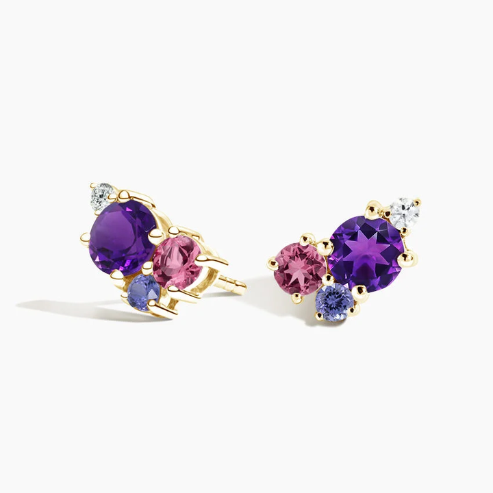 Amethyst, Pink Tourmaline & Blue Sapphire Cluster Stud Earrings