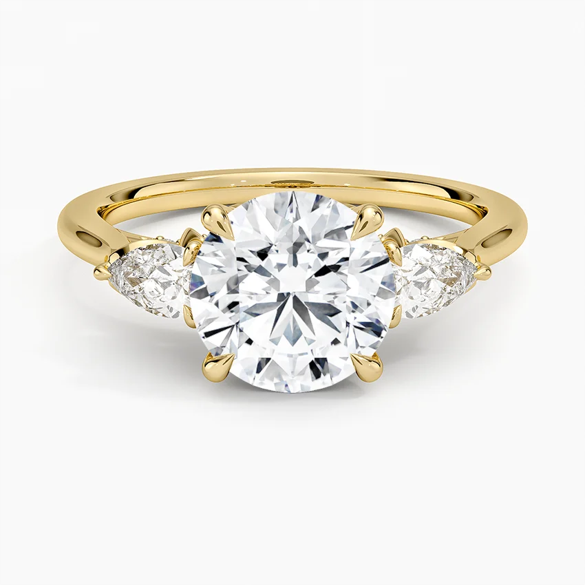 Round Cut Three-Stone Diamond Engagement Ring, Marquise Side Stones, Minimalist Bridal Ring