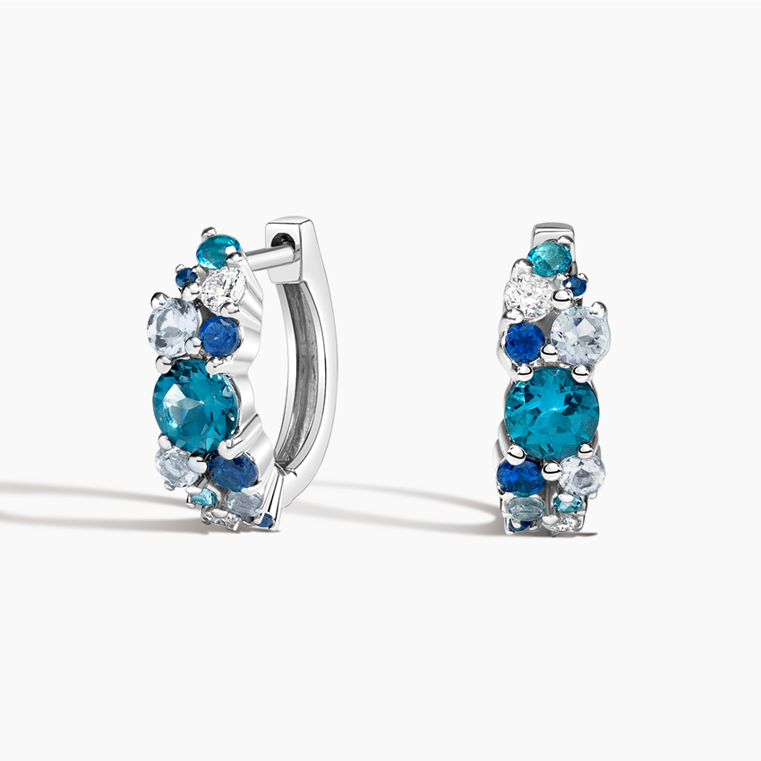 Blue Cluster Diamond Huggie Hoop Earrings, Teal & Sapphire Stone Hoop Earrings