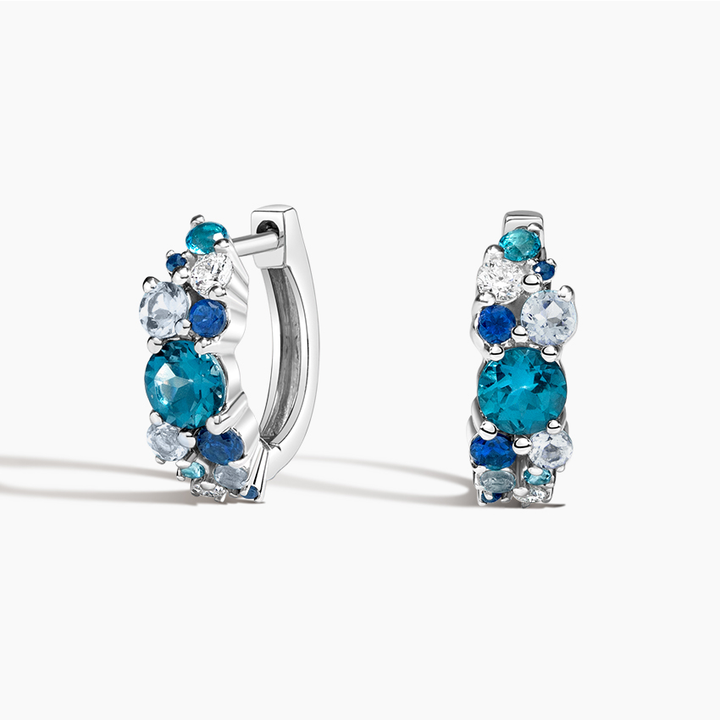 Blue Cluster Diamond Huggie Hoop Earrings, Teal & Sapphire Stone Hoop Earrings