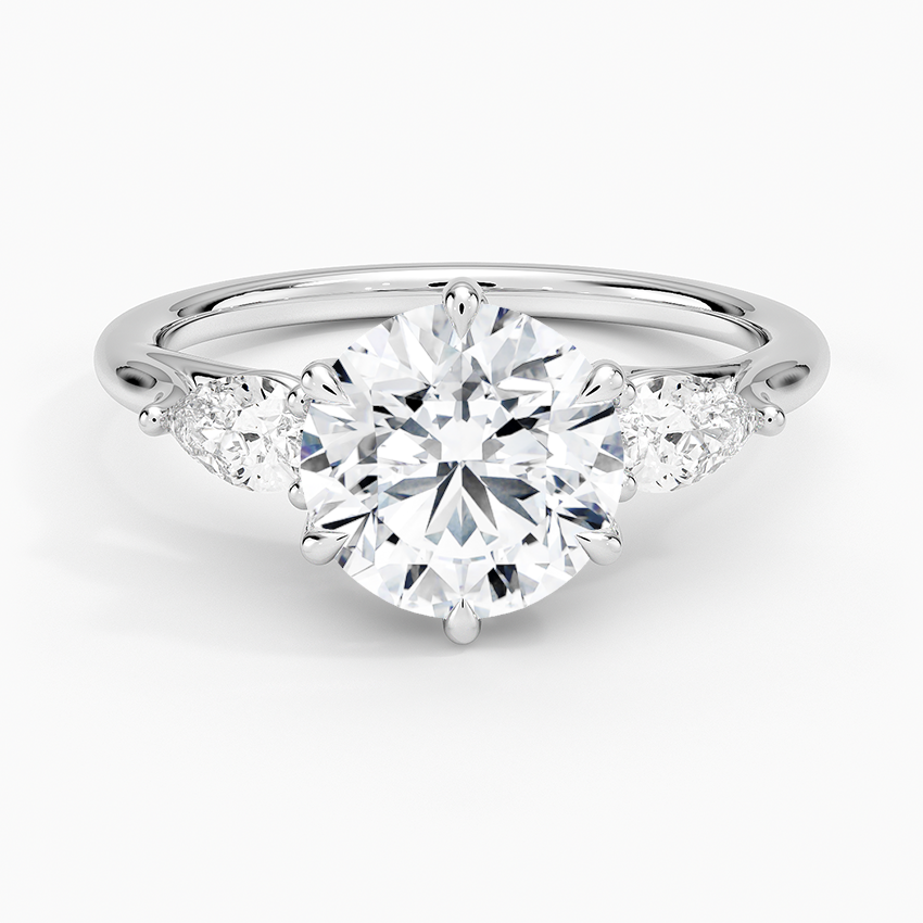 Round Cut Moissanite Engagement Ring with Pear Side Stones, 3 Stone Diamond Ring, Solid Gold Promise Ring
