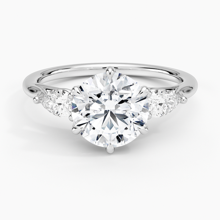 Round Cut Moissanite Engagement Ring with Pear Side Stones, 3 Stone Diamond Ring, Solid Gold Promise Ring