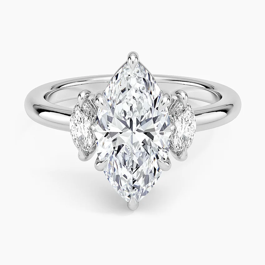 Marquise Cut Diamond Engagement Ring, 3 Stone Diamond Ring, Oval Side Diamonds Ring