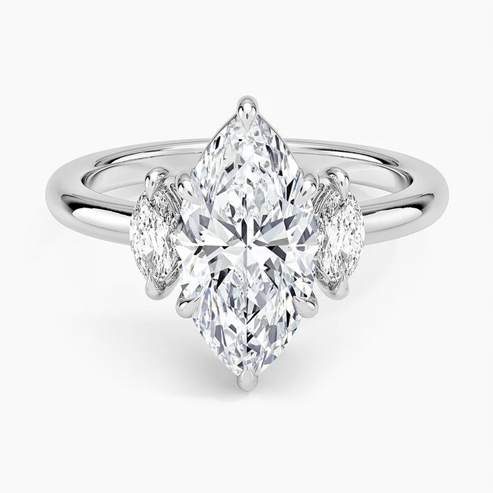 Marquise Cut Diamond Engagement Ring, 3 Stone Diamond Ring, Oval Side Diamonds Ring