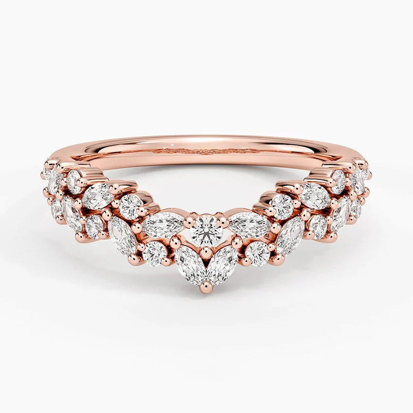 Marquise & Round Diamond V Shape Ring, Curved Wedding Band, Chevron Diamond Ring