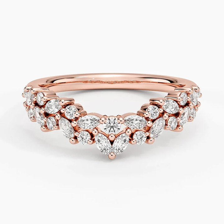 Marquise & Round Diamond V Shape Ring, Curved Wedding Band, Chevron Diamond Ring
