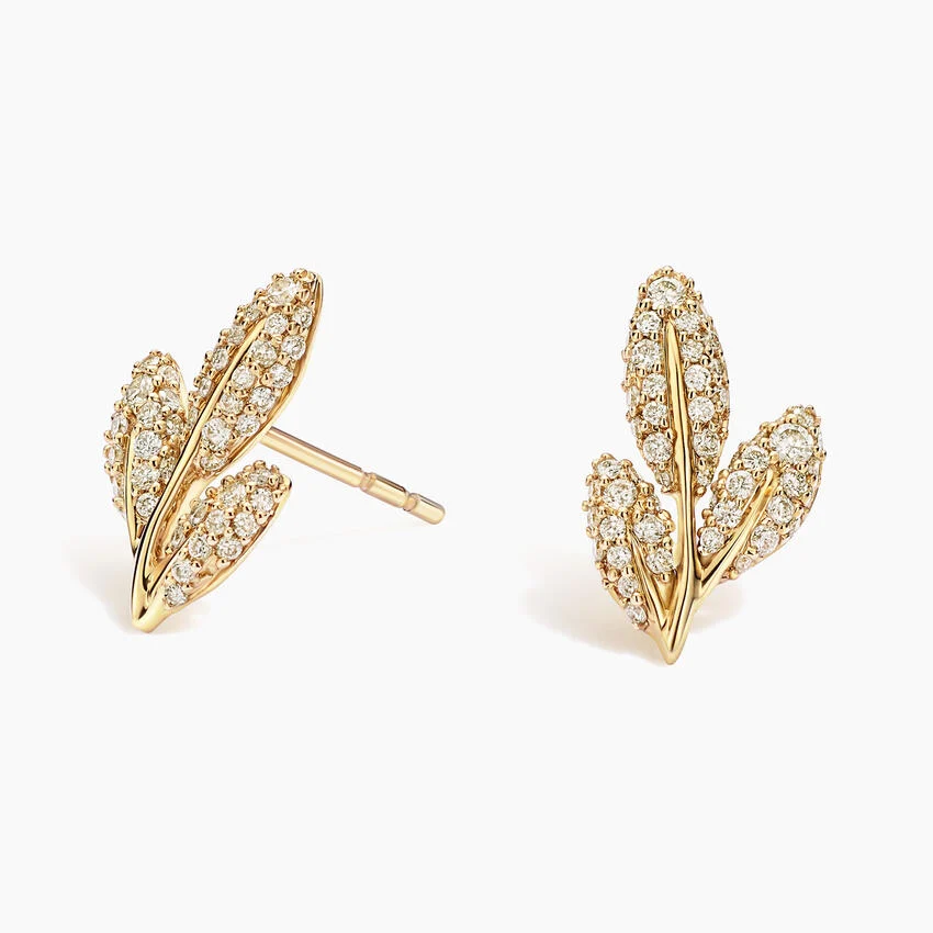 Dainty Diamond Leaf Stud Earrings, Nature-Inspired Pave Diamond Earrings