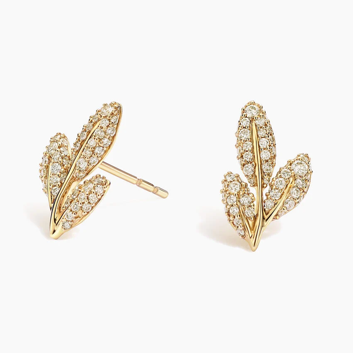 Dainty Diamond Leaf Stud Earrings, Nature-Inspired Pave Diamond Earrings