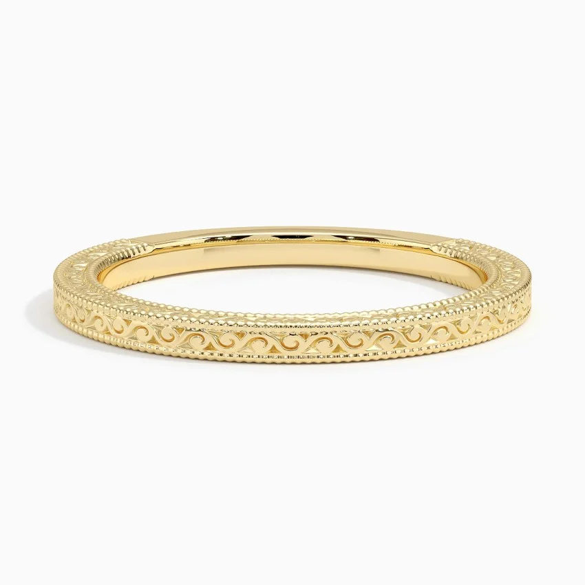 Vintage Engraved Ring, Minimalist Stackable Gold Band, Filigree Pattern Wedding Ring