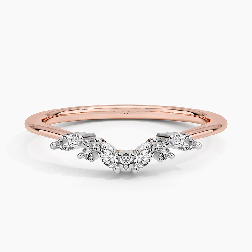 Marquise Diamond Curved Wedding Band, V-Shaped Stackable Ring, Gold Bridal Band
