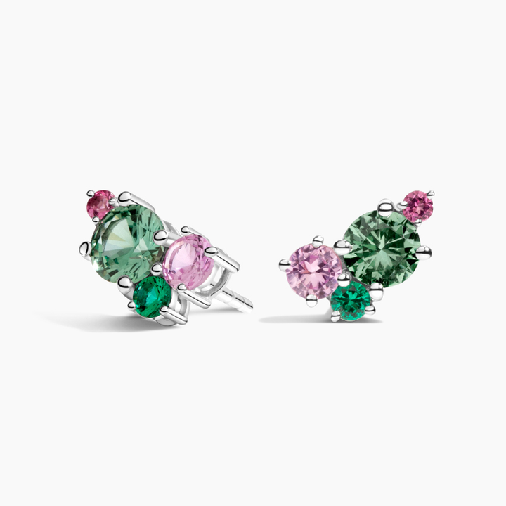 Green & Pink Sapphire Cluster Stud Earrings, Colorful Gemstone Studs, Minimalist Silver Earrings