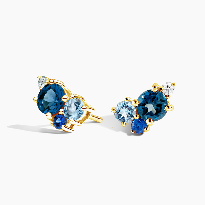 Blue Sapphire & Aquamarine Cluster Diamond Stud Earrings, Elegant Multi-Stone Studs