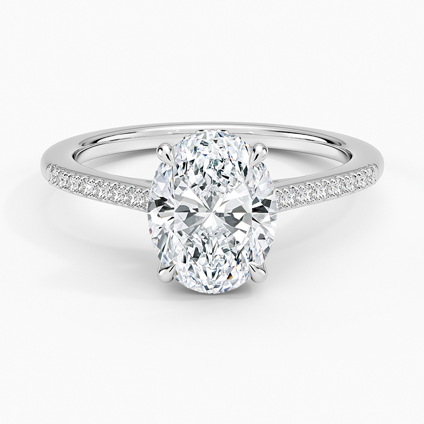 Oval Cut Diamond Engagement Ring, Pave Band Solitaire Ring, Minimalist Bridal Ring