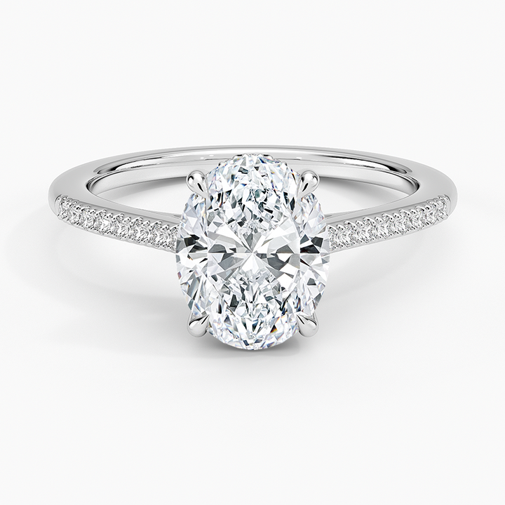 Oval Cut Diamond Engagement Ring, Pave Band Solitaire Ring, Minimalist Bridal Ring