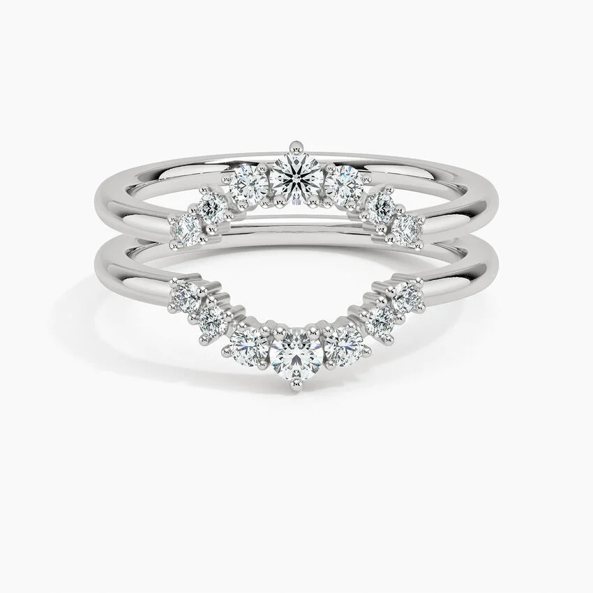 Curved Diamond Stackable Ring Set, Chevron Wedding Bands, Minimalist Bridal Stack