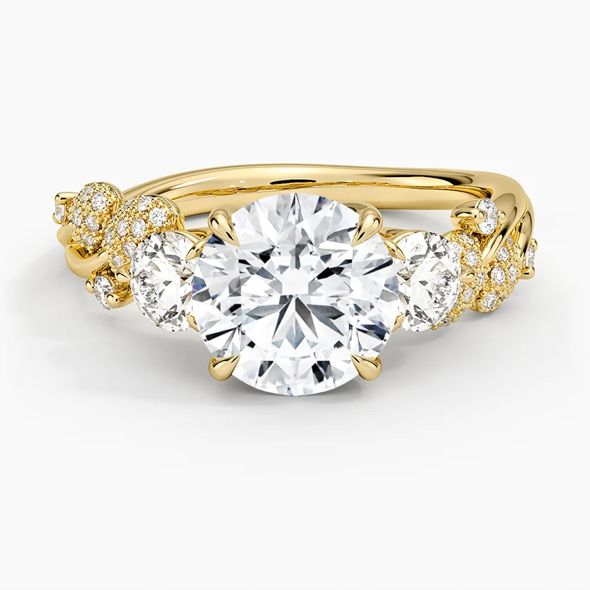 Floral Diamond Engagement Ring, Round Cut 3 Stone Ring, Leaf Inspired Diamond Ring