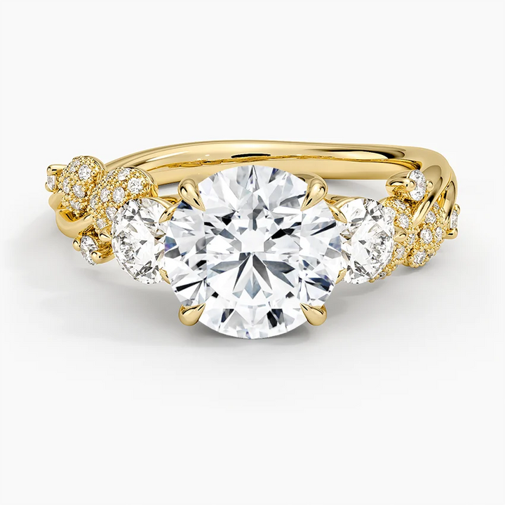 Floral Diamond Engagement Ring, Round Cut 3 Stone Ring, Leaf Inspired Diamond Ring