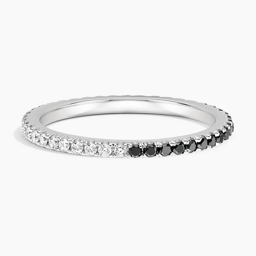 Black & White Diamond Half Eternity Ring, Minimalist Stackable Band, Anniversary Wedding Ring