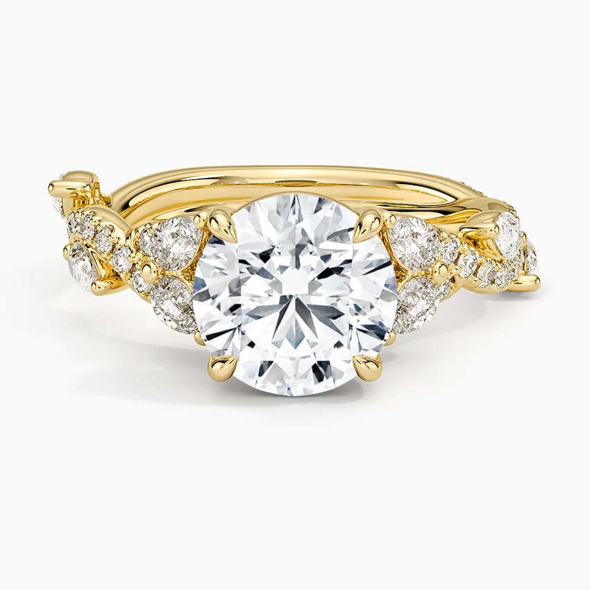 Round Cut Moissanite Engagement Ring, Twisted Pave Diamond Band, Vintage Inspired Bridal Ring