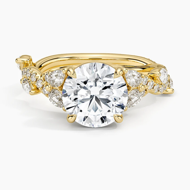Round Cut Moissanite Engagement Ring, Twisted Pave Diamond Band, Vintage Inspired Bridal Ring