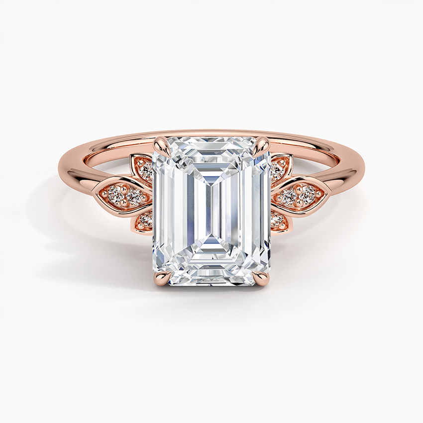 Emerald Cut Moissanite Engagement Ring with Leaf Accent, Nature Inspired Floral Ring