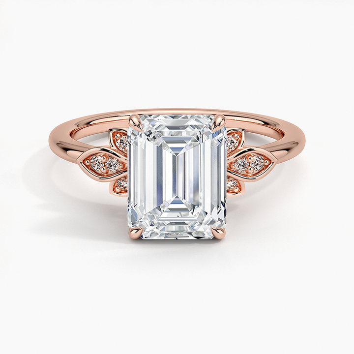 Emerald Cut Moissanite Engagement Ring with Leaf Accent, Nature Inspired Floral Ring