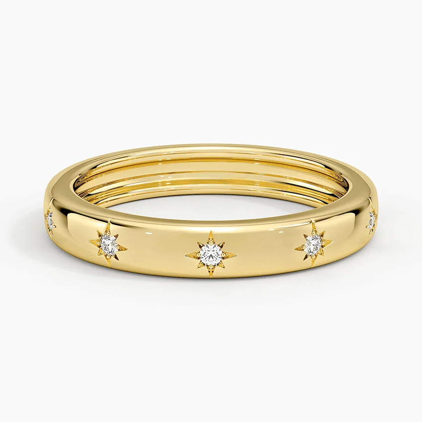 Minimalist Star Diamond Band Ring, Solid Gold Celestial Wedding Band, Dainty Diamond Stackable Ring
