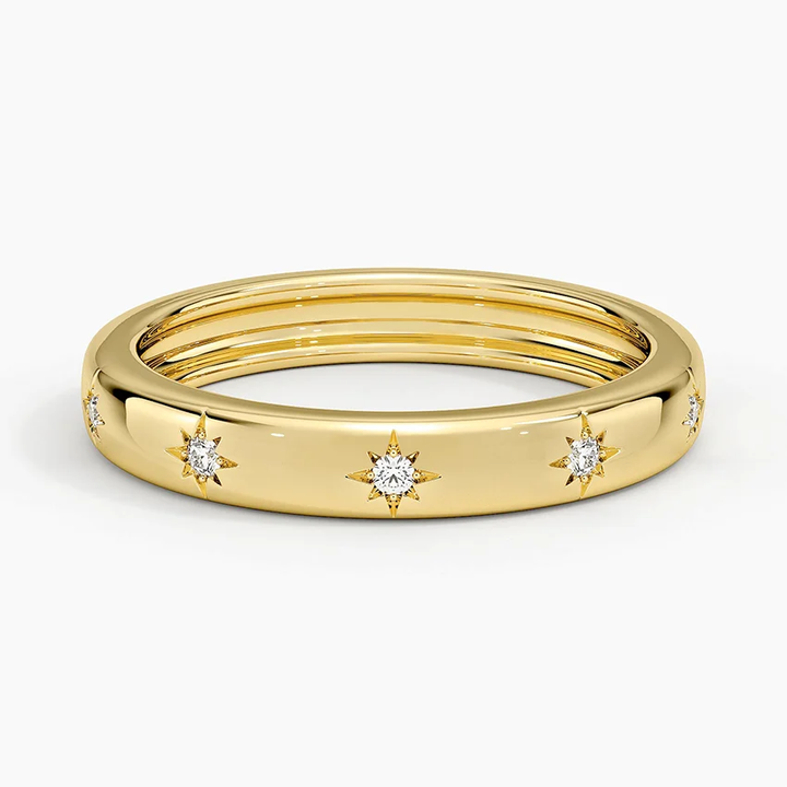 Minimalist Star Diamond Band Ring, Solid Gold Celestial Wedding Band, Dainty Diamond Stackable Ring