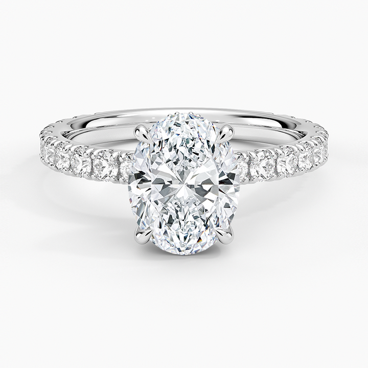 Oval Cut Diamond Engagement Ring, Pave Band Solitaire Ring, 4 Prong Oval Diamond Ring