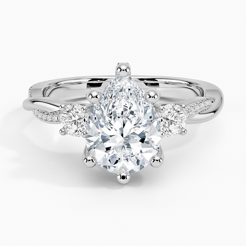 Pear Cut Moissanite Engagement Ring, Three Stone Diamond Ring, Twisted Pave Band Ring