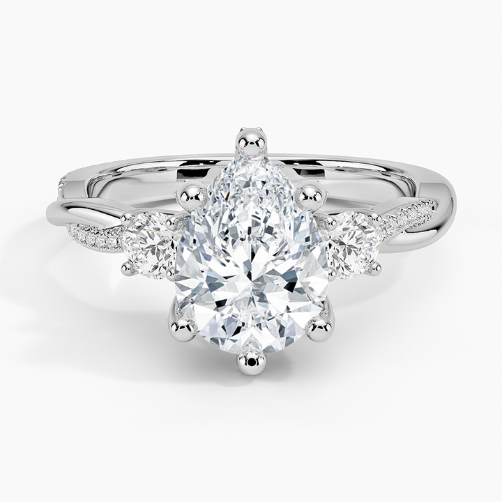 Pear Cut Moissanite Engagement Ring, Three Stone Diamond Ring, Twisted Pave Band Ring