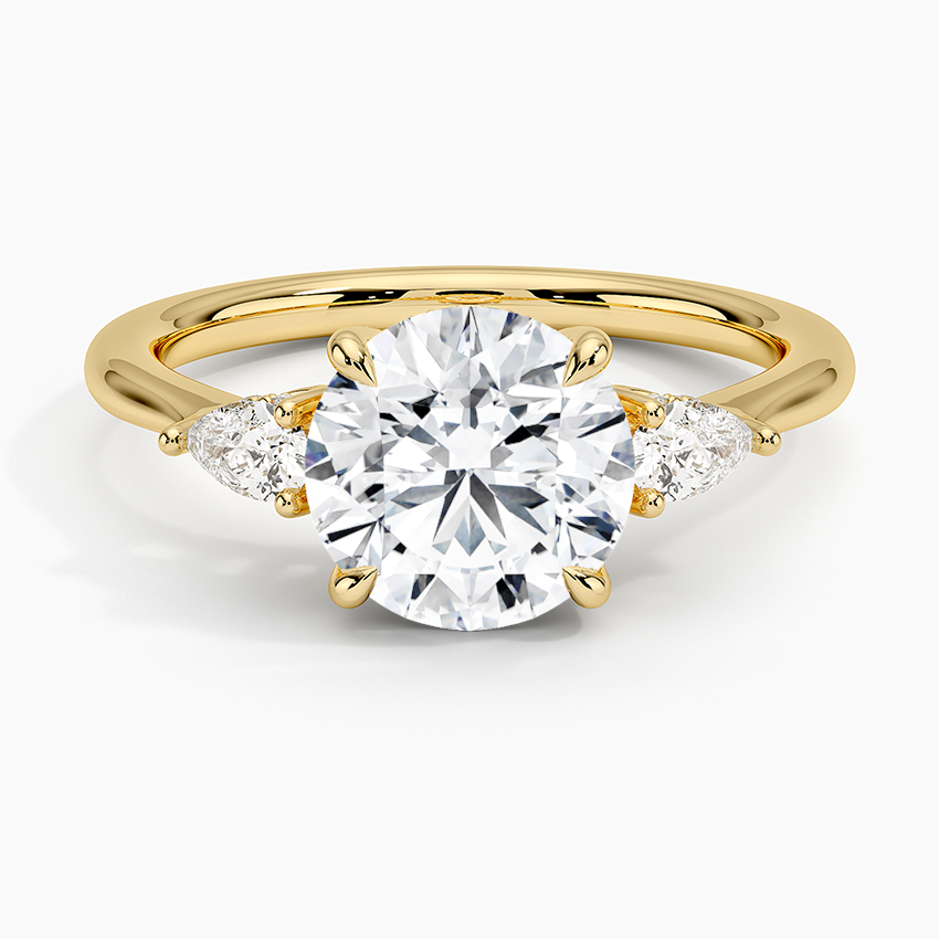 Round Cut Diamond Engagement Ring, Three Stone Pear Side Diamond Ring, Minimalist Solitaire Ring