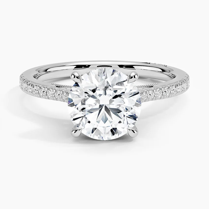 Round Cut Solitaire Diamond Engagement Ring with Pavé Band, Promise Ring, Minimalist Bridal Jewelry