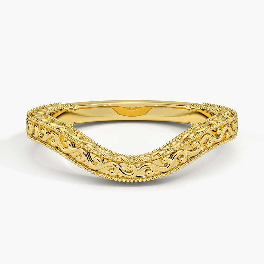 Vintage Curved Wedding Band, Engraved V-Shaped Ring, Milgrain Scroll Band