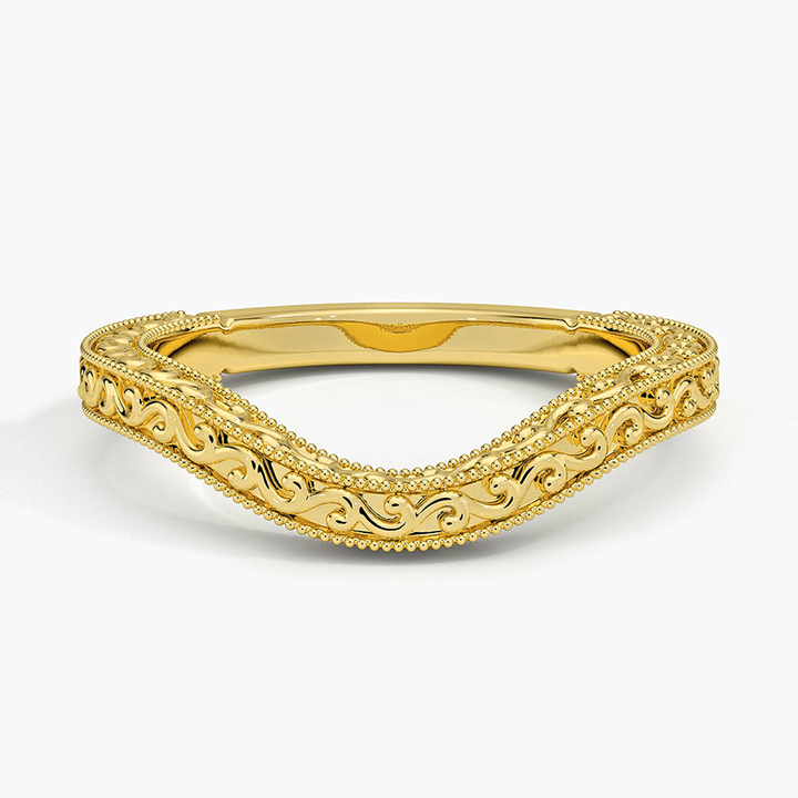Vintage Curved Wedding Band, Engraved V-Shaped Ring, Milgrain Scroll Band