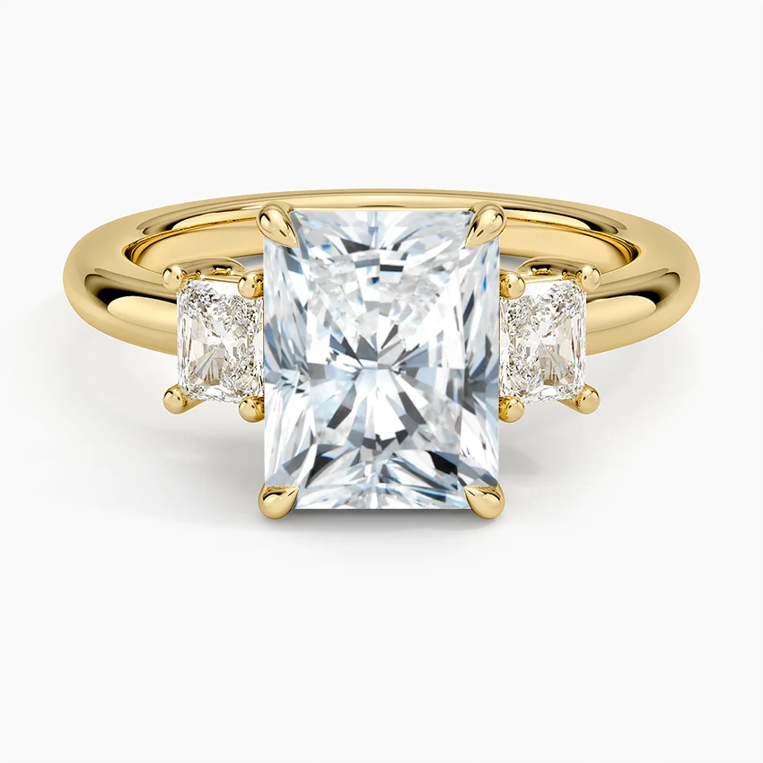 Radiant Cut Three Stone Diamond Engagement Ring, Solid Gold, Side Diamond Ring