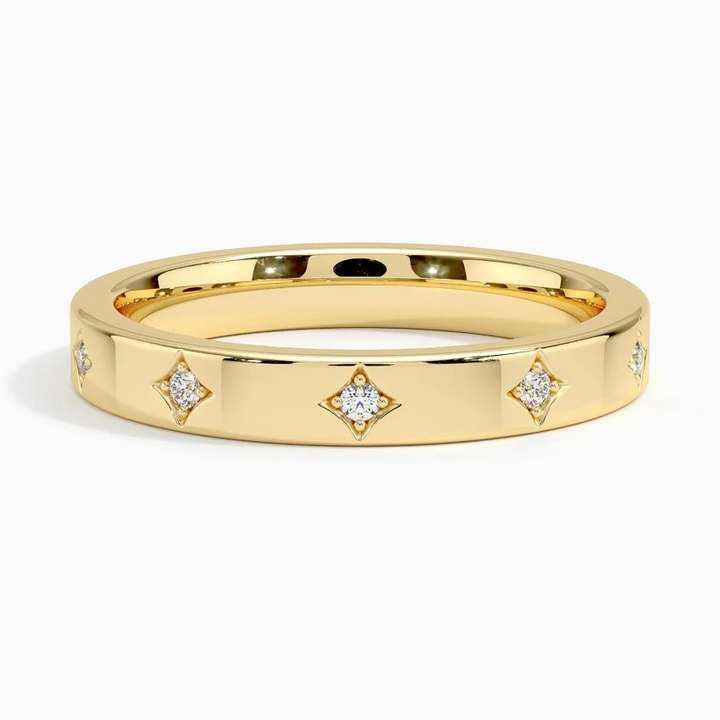 Diamond Star Pattern Wedding Band Ring, Minimalist Diamond Band, Gold Anniversary Ring