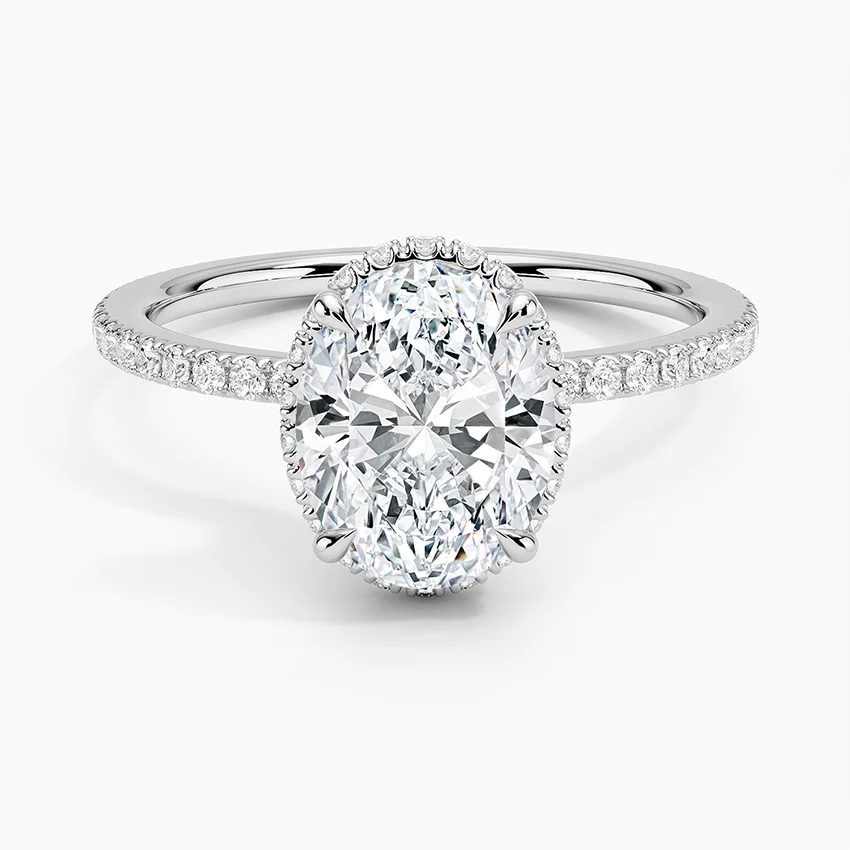 Oval Cut Diamond Engagement Ring, Hidden Halo Oval Ring, Pave Diamond Band Ring