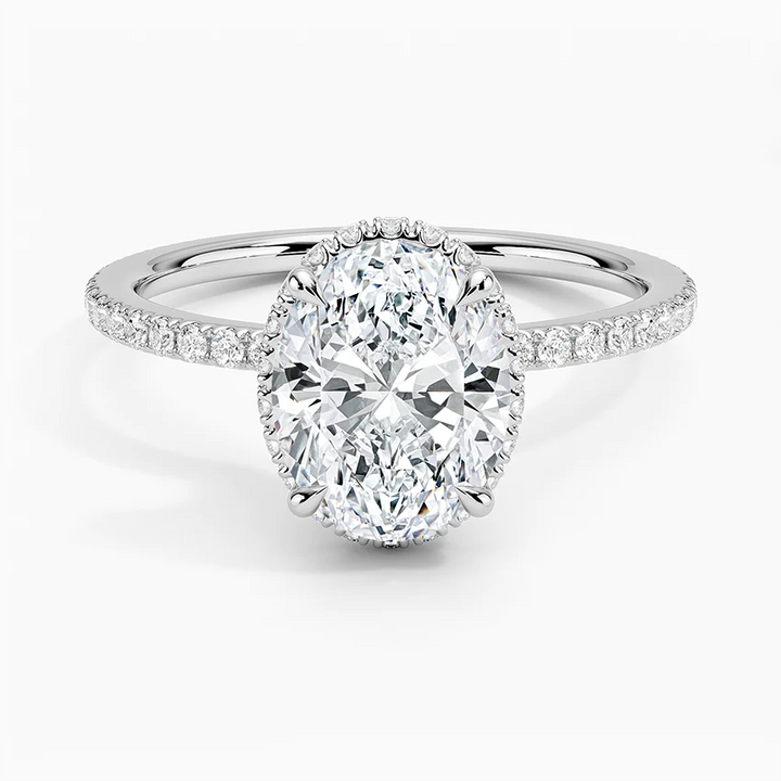 Oval Cut Diamond Engagement Ring, Hidden Halo Oval Ring, Pave Diamond Band Ring
