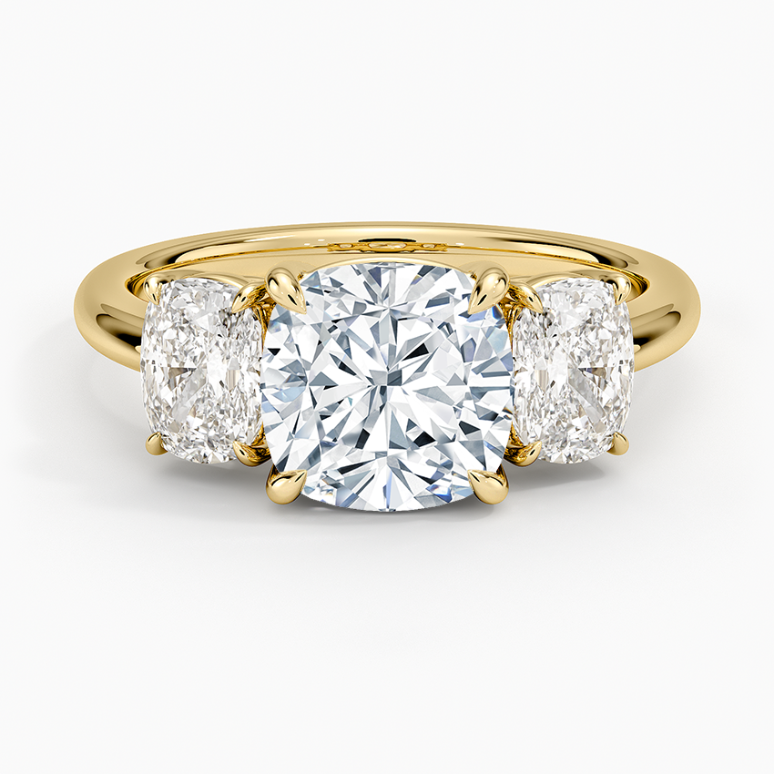 3 Stone Cushion Cut Diamond Engagement Ring, Hidden Halo Cushion Ring, Solid Gold Promise Ring