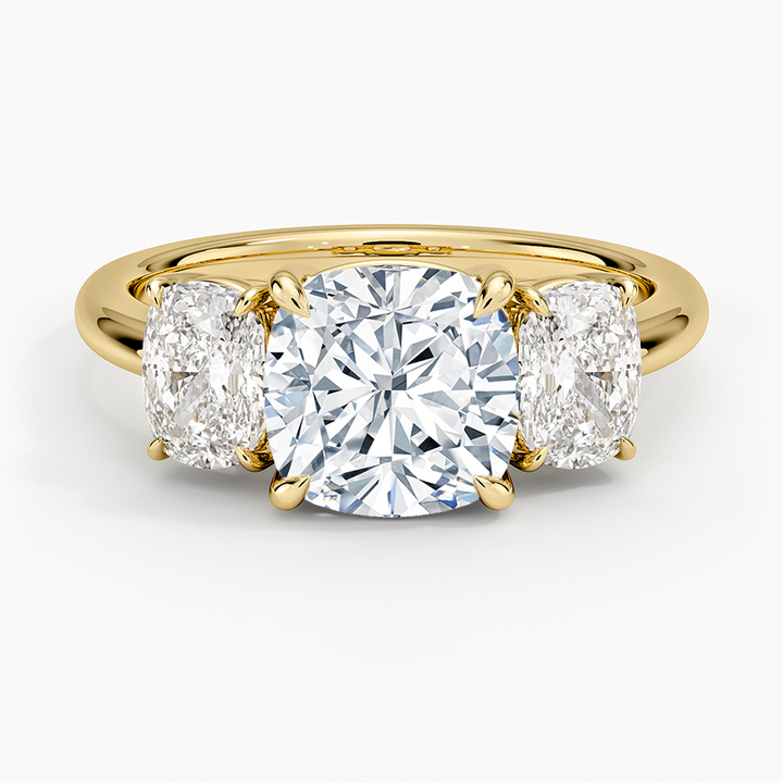 3 Stone Cushion Cut Diamond Engagement Ring, Hidden Halo Cushion Ring, Solid Gold Promise Ring