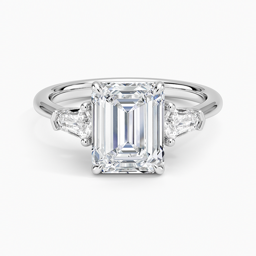 Emerald Cut Diamond Three Stone Engagement Ring, Trillion Side Diamond Ring, Bridal Ring