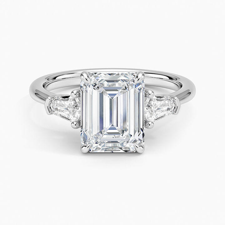 Emerald Cut Diamond Three Stone Engagement Ring, Trillion Side Diamond Ring, Bridal Ring