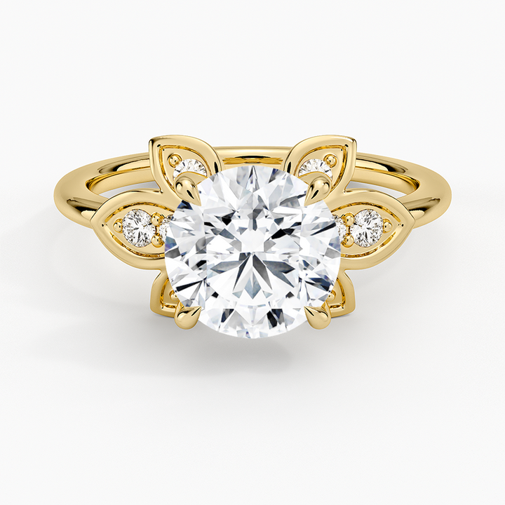 Floral Petal Diamond Engagement Ring, Round Cut Center, Nature Inspired Leaf Design