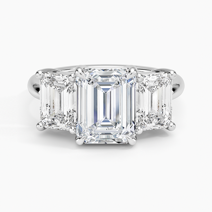 Emerald Cut Three Stone Diamond Ring, Step Cut Trilogy Engagement Ring, Minimalist Luxury Statement Ring