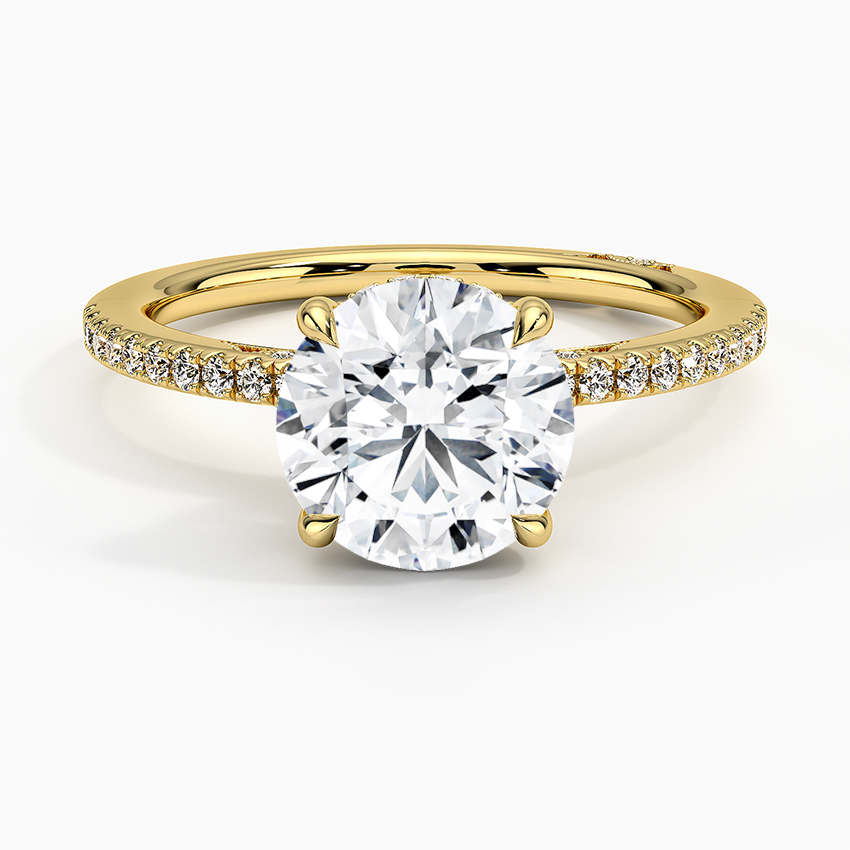 Round Brilliant Cut Solitaire Diamond Engagement Ring with Pavé Band, Minimalist Bridal Ring, Classic Proposal Ring