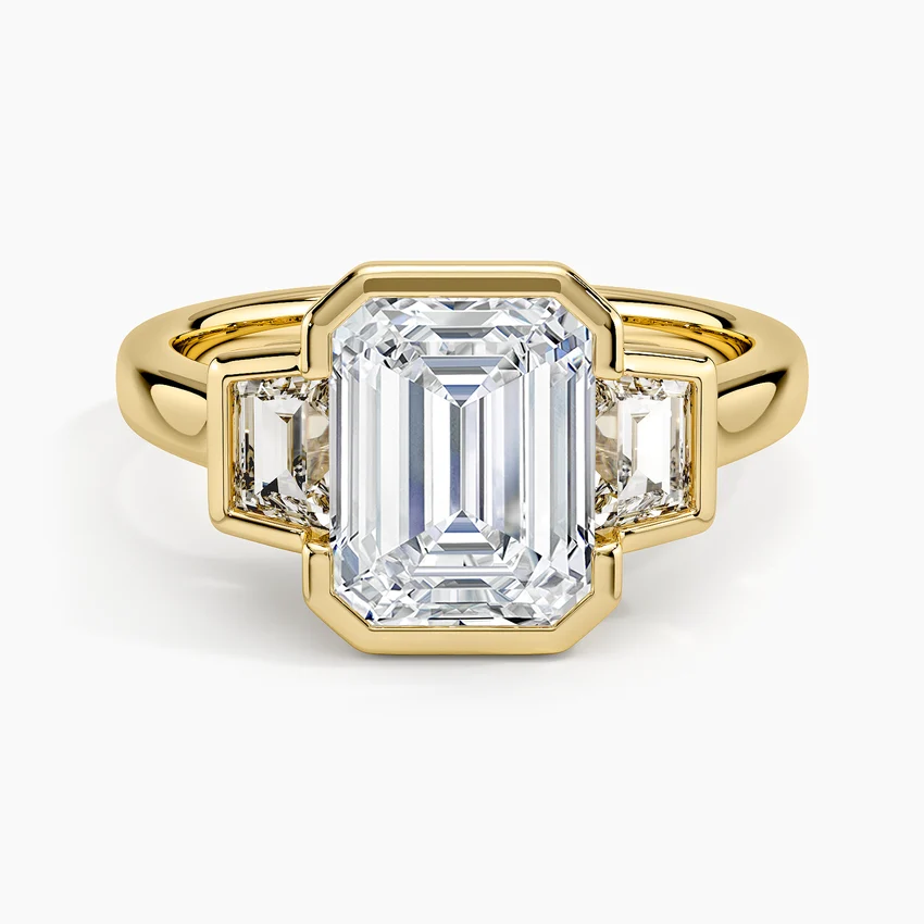 Emerald Cut Diamond Engagement Ring, Three Stone Bezel Set Ring, Minimalist Luxury Bridal Ring
